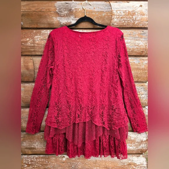 Indigo Soul Burgundy Wine Lace Sequin Flowy Tiered Layered Ruffle Longsleeve Top - Picture 2 of 14